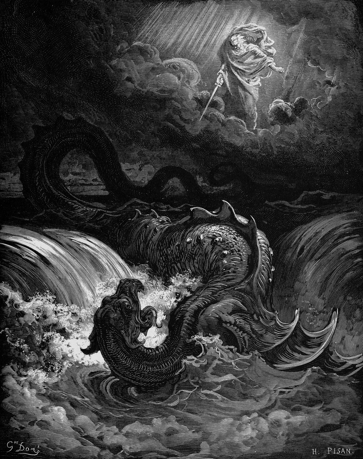 An immense winged sea dragon twists through crashing waves beneath a radiant sword-bearing figure.