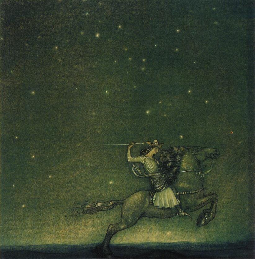 A crowned prince rides a dark horse beneath a deep green, star-filled night sky.