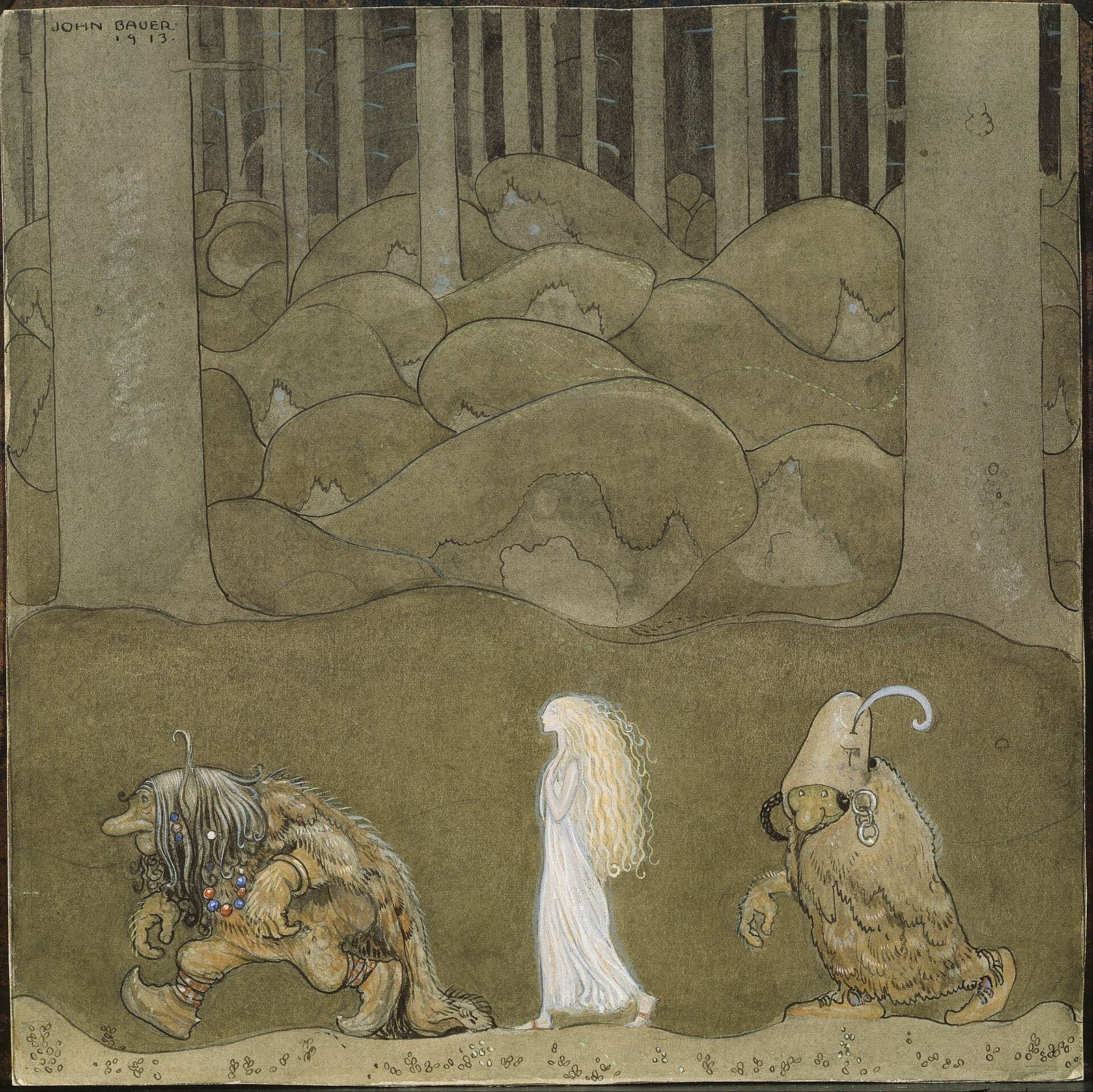 A white-robed princess walks between two shaggy trolls beneath the immense trunks of a dark forest.