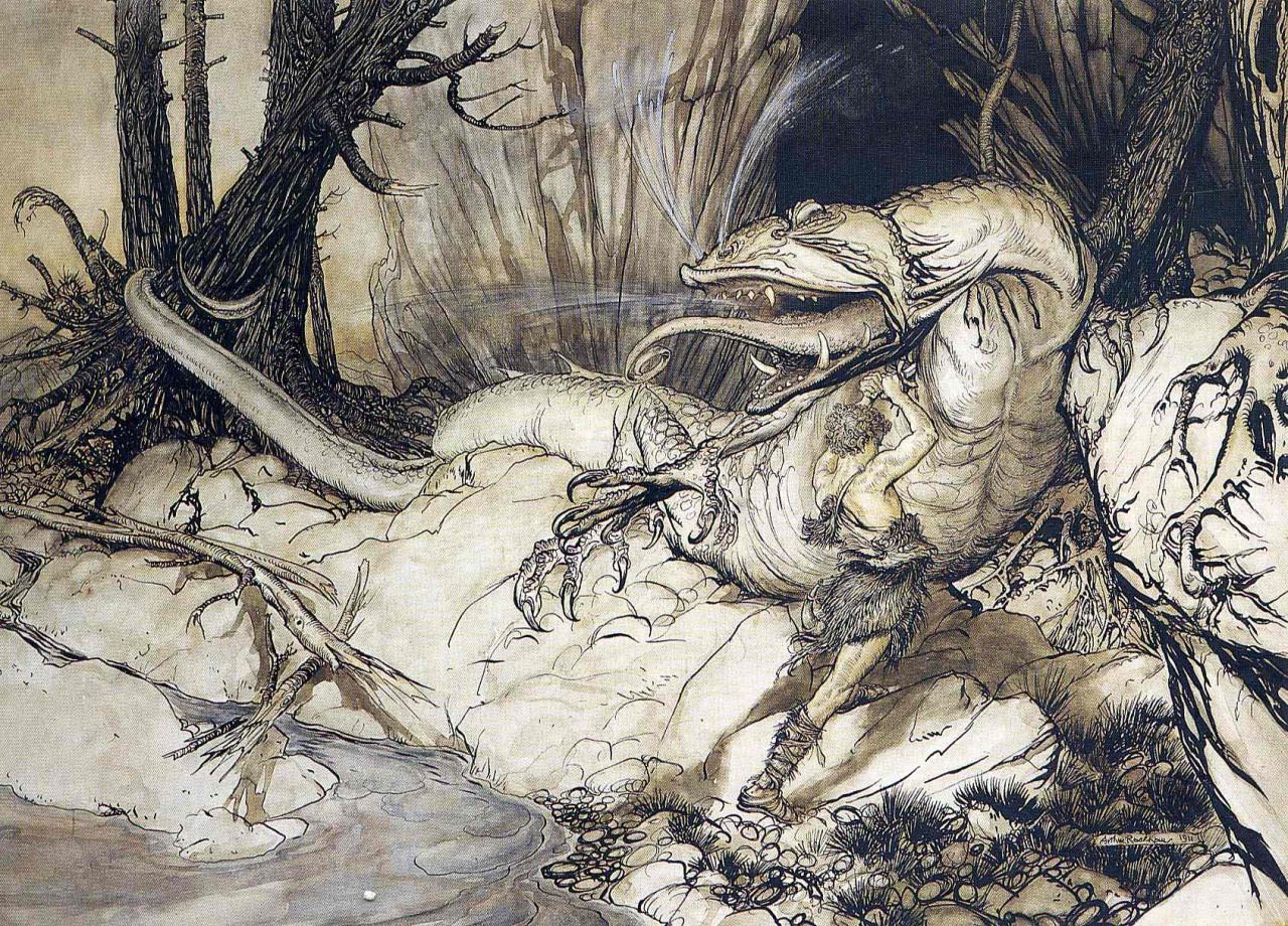 Siegfried raises his sword against an enormous pale dragon among twisted trees and jagged rocks.