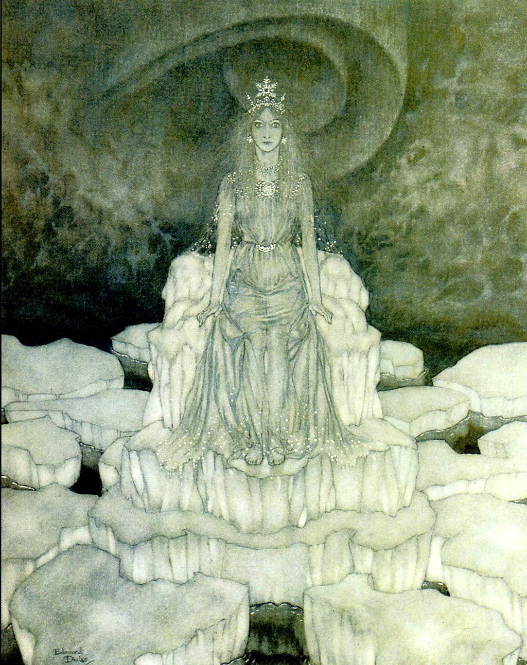 A crowned queen in a shimmering pale gown sits on an ice throne against swirling dark green clouds.